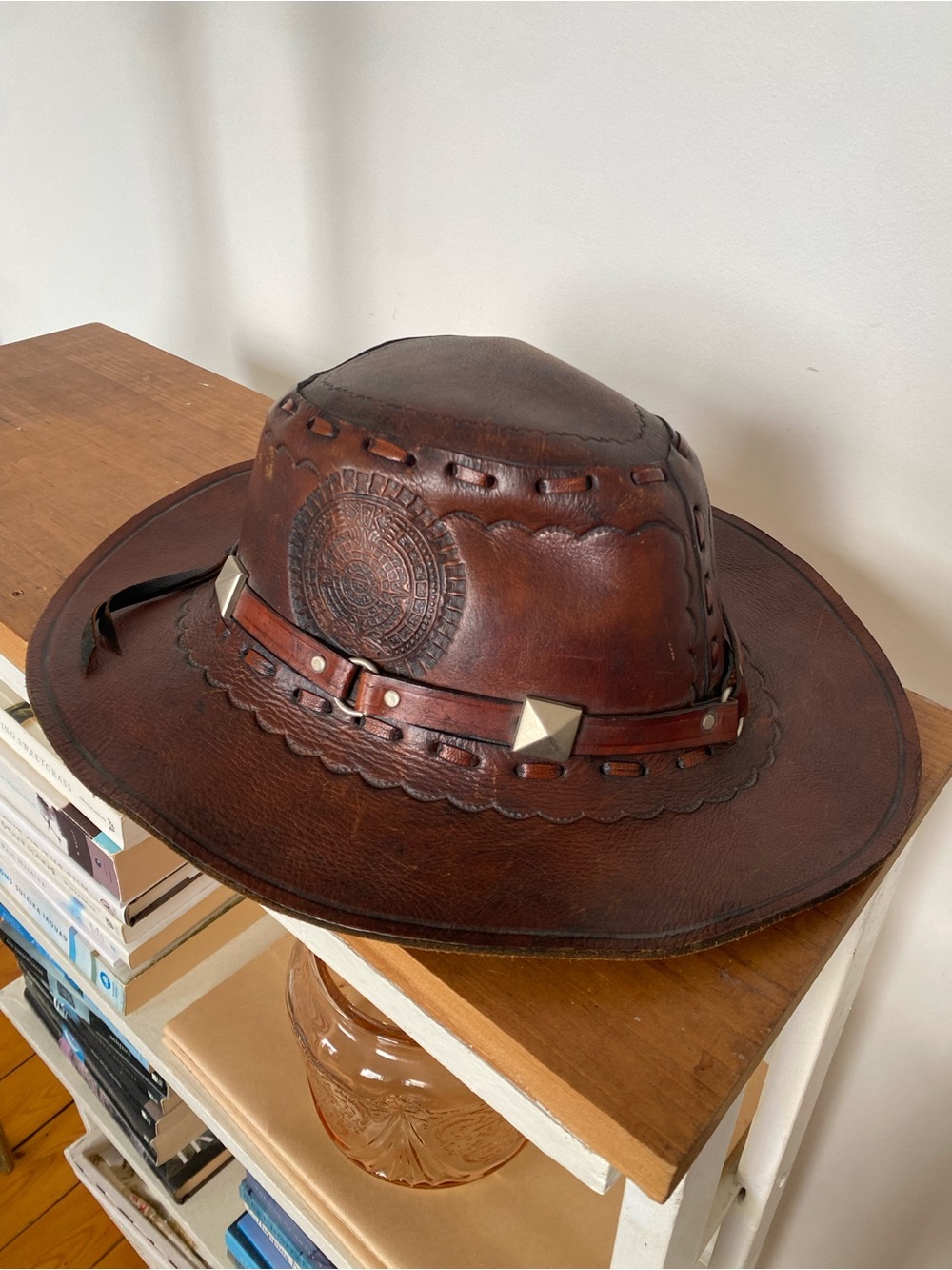 Vintage Mexican hand-tooled leather Aztec Sun Stone cowboy hat